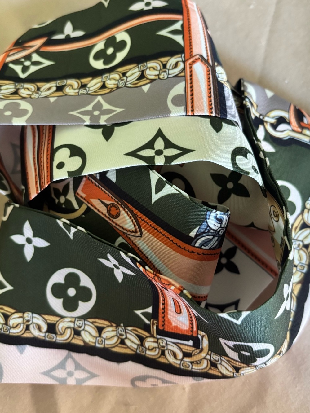 Designer-Style Olive Green & Cream Scarf Bag Accessory - Picture 2 of 4